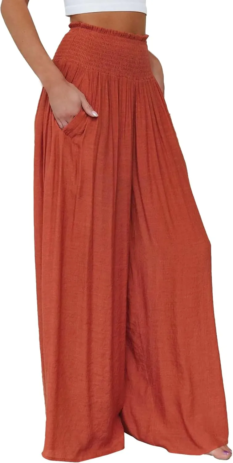 OPOIPIN Women's Smocked High Waisted Lounge Trousers Wide Leg Long Pants with Pockets