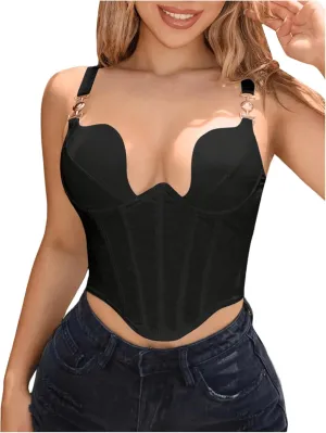 OYOANGLE Women's Plunge Neck Corset Top Underwire Fitted Cami Crop Tops Fishbone Camisole