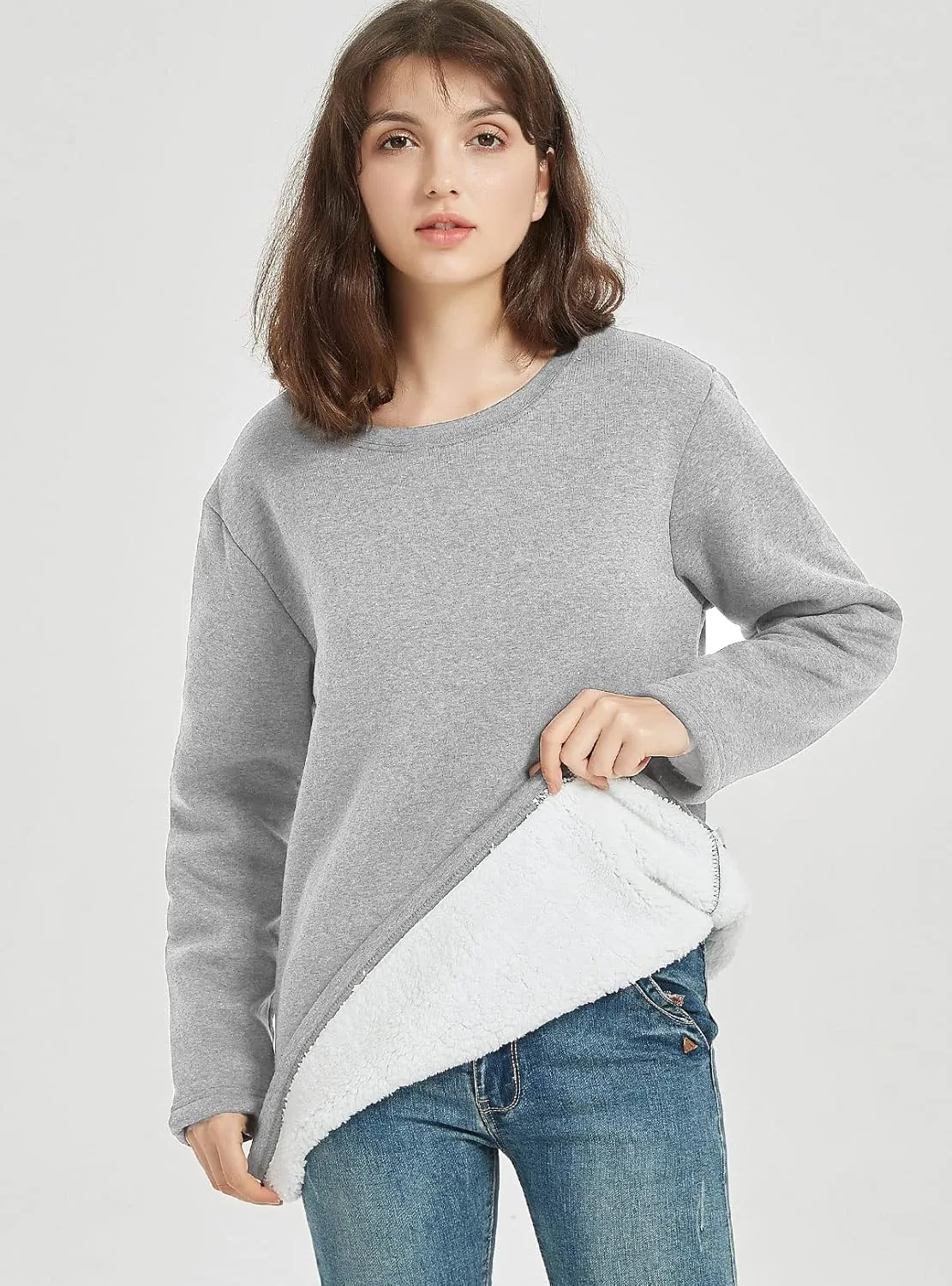 PEHMEA Women's Winter Warm Sherpa Lined Fleece Sweatshirt Crewneck Sport Pullover Loungewear Tops