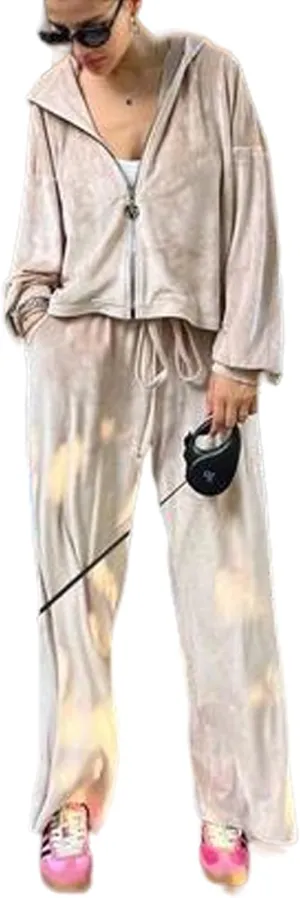 Perbai Womens Velour Tracksuit 2 Piece Sweatsuit Oversized Full Zip Hoodie Wide Leg Pants Sets