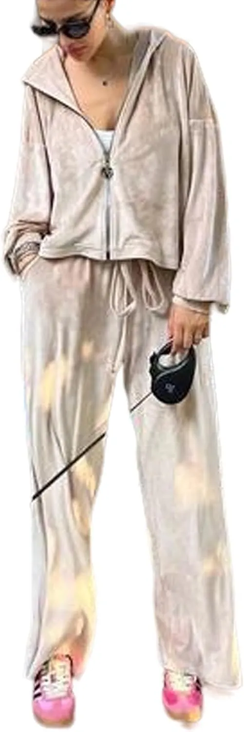 Perbai Womens Velour Tracksuit 2 Piece Sweatsuit Oversized Full Zip Hoodie Wide Leg Pants Sets