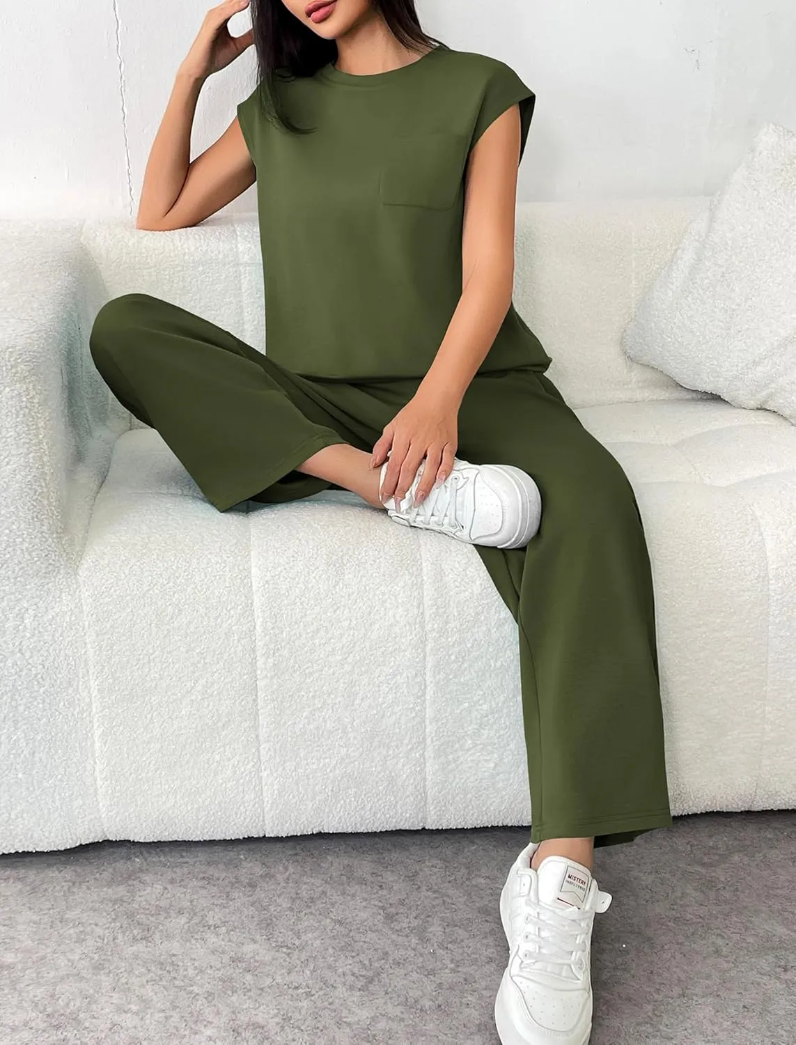 PINSPARK 2 Piece Sets for Women Summer Lounge Set Cap Sleeves Sweatsuit Cropped Wide Leg Pants 2025 Matching Travel Tracksuit