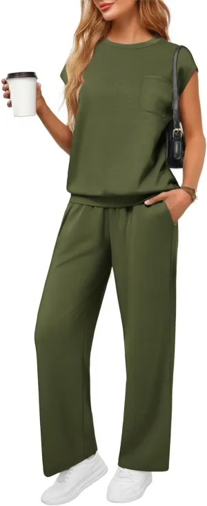 PINSPARK 2 Piece Sets for Women Summer Lounge Set Cap Sleeves Sweatsuit Cropped Wide Leg Pants 2025 Matching Travel Tracksuit