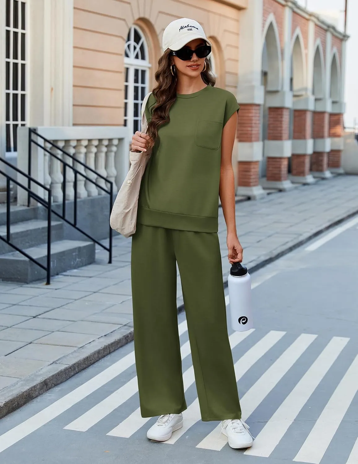 PINSPARK 2 Piece Sets for Women Summer Lounge Set Cap Sleeves Sweatsuit Cropped Wide Leg Pants 2025 Matching Travel Tracksuit