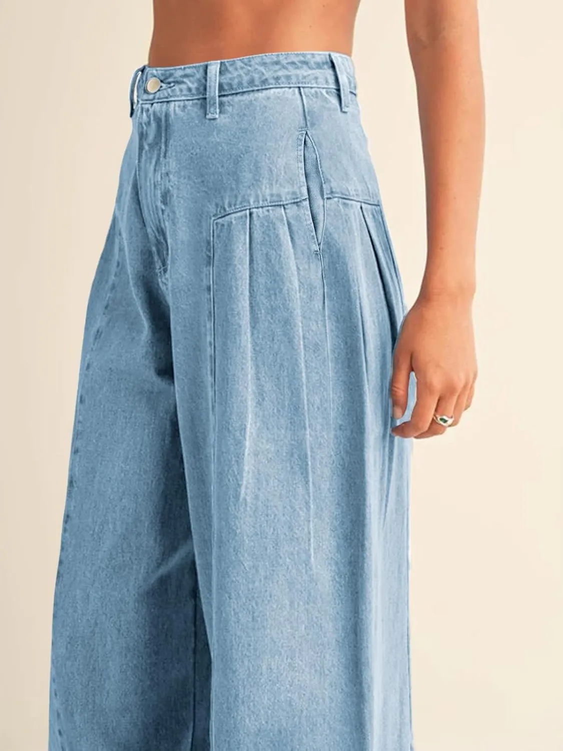 PLNOTME Womens Baggy High Waisted Jeans Loose Boyfriend Wide Leg Side Pleated Denim Pants