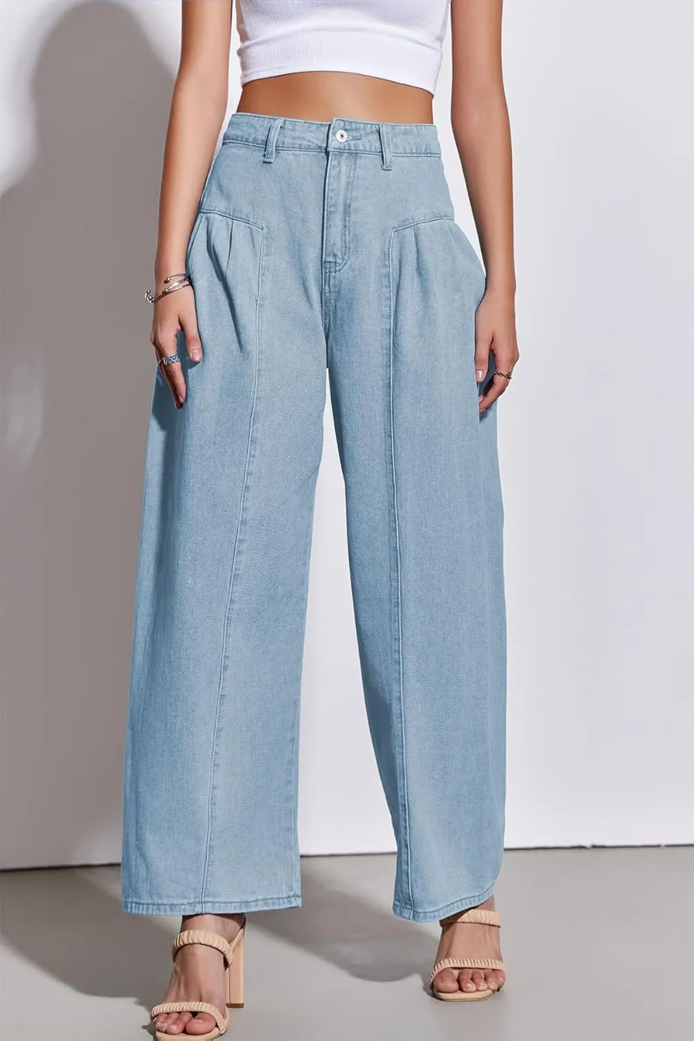 PLNOTME Womens Baggy High Waisted Jeans Loose Boyfriend Wide Leg Side Pleated Denim Pants