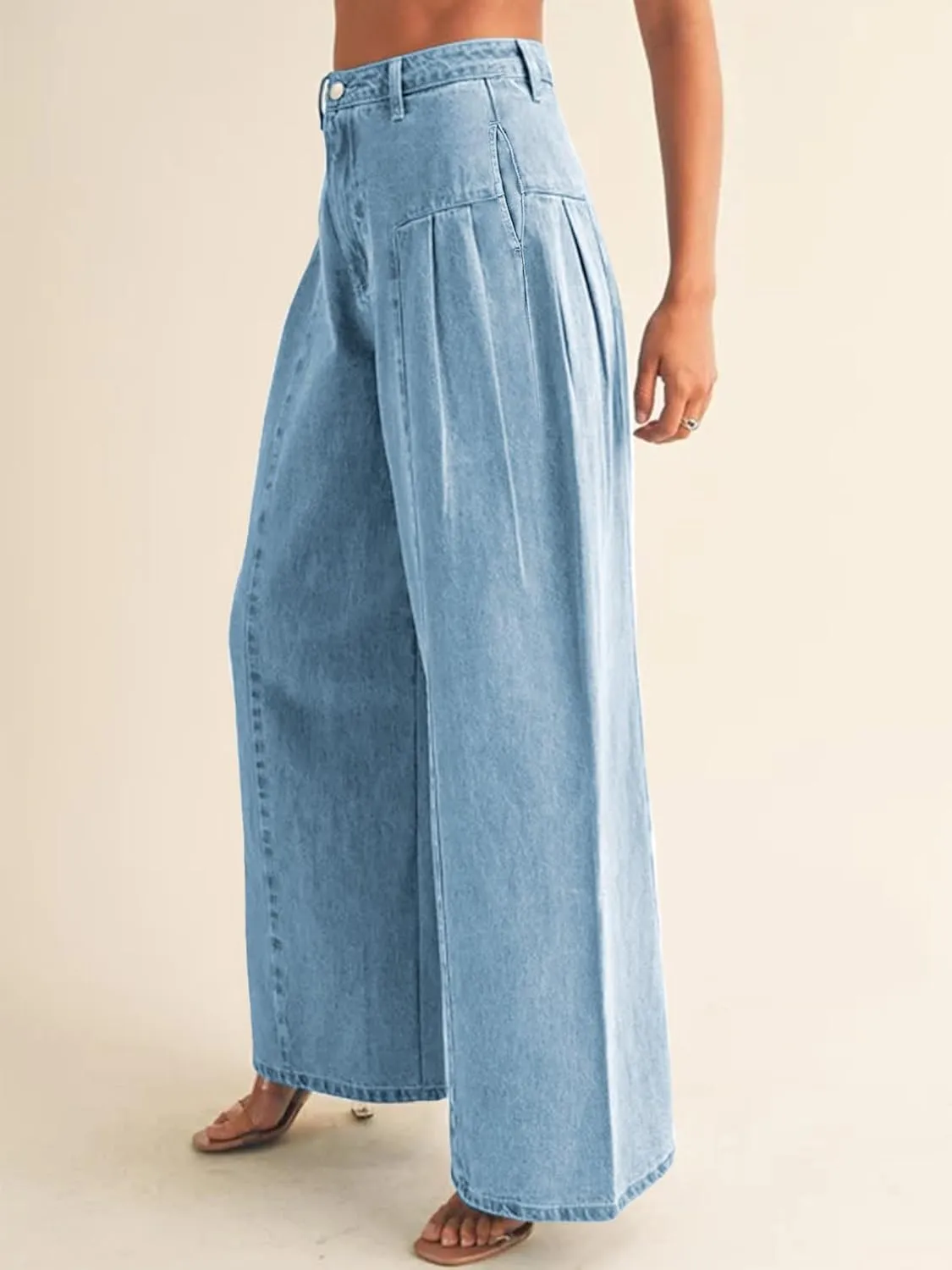 PLNOTME Womens Baggy High Waisted Jeans Loose Boyfriend Wide Leg Side Pleated Denim Pants