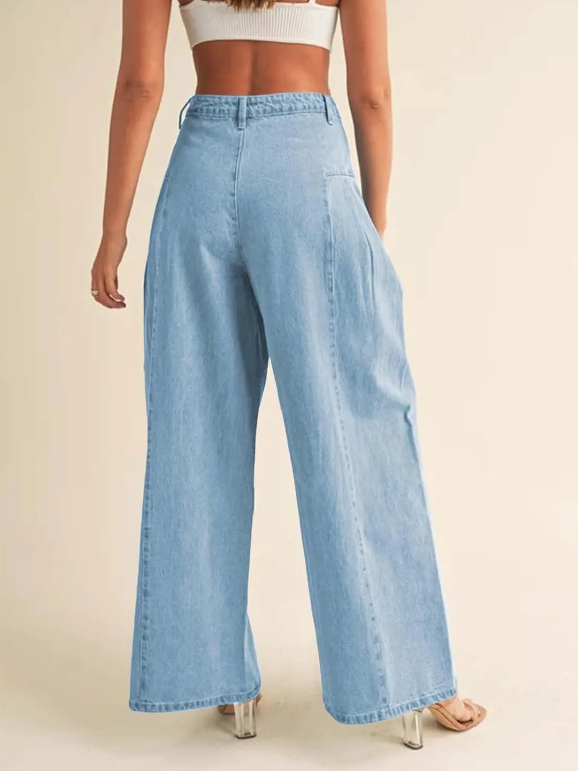 PLNOTME Womens Baggy High Waisted Jeans Loose Boyfriend Wide Leg Side Pleated Denim Pants