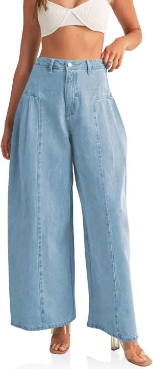 PLNOTME Womens Baggy High Waisted Jeans Loose Boyfriend Wide Leg Side Pleated Denim Pants