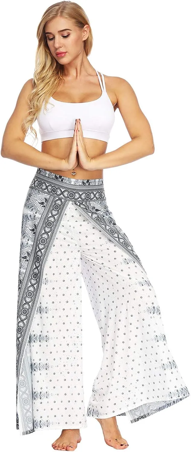 PNKJ Womens Slit Wide Leg Pants-Casual Hippie Bohemian Pilate Beach Boho Baggy Yoga Pants