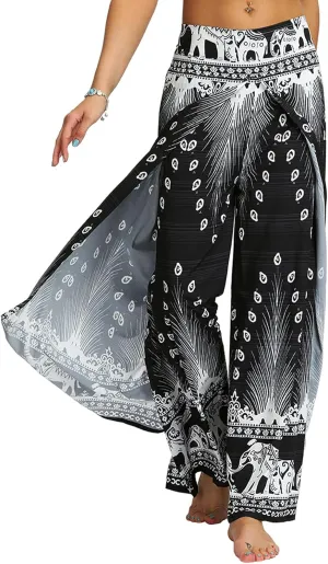 PNKJ Womens Slit Wide Leg Pants-Casual Hippie Bohemian Pilate Beach Boho Baggy Yoga Pants