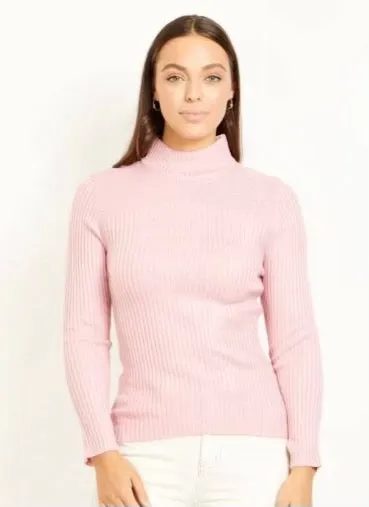 Polo Neck Ribbed Knit- High Neck - Dusty Pink