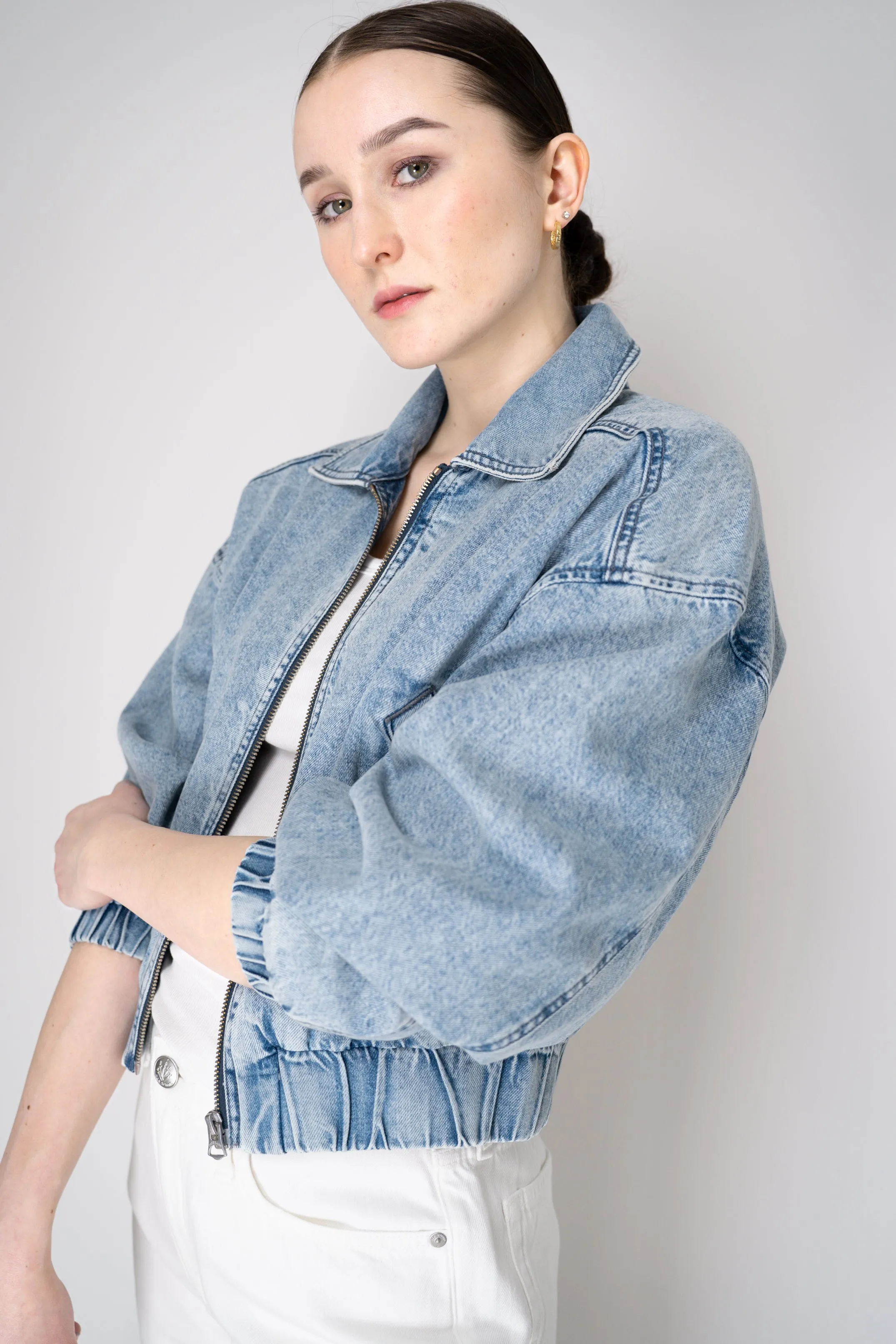 Rag & Bone Featherweight "Lara" Cropped Denim Bomber Jacket