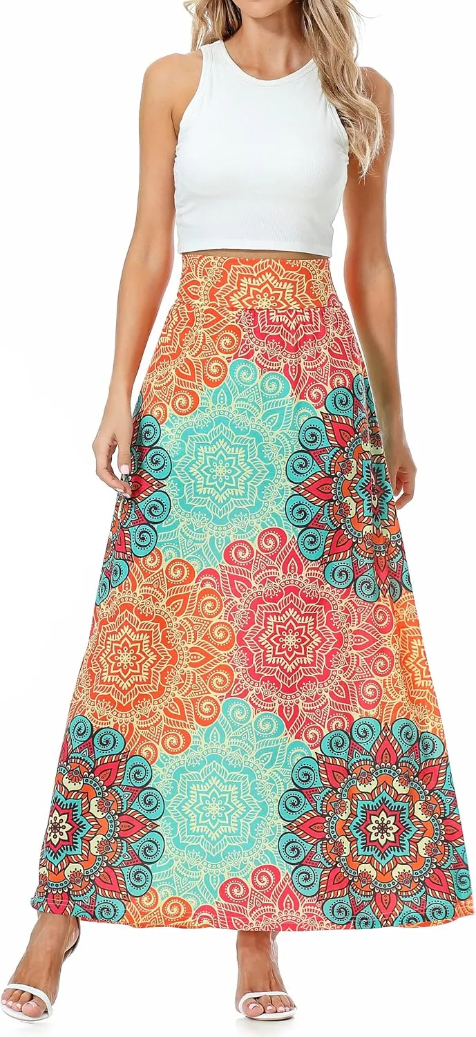 Rainlover Women's Casual High Waisted Boho Long Maxi Skirts