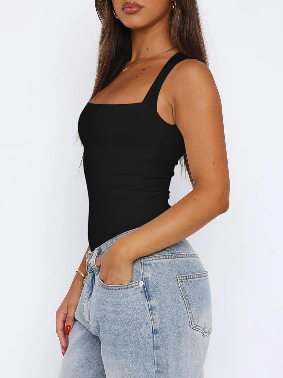 REORIA Butsmooth Womens Sexy Sleeveless Square Neck Double Lined Basic Bodysuit Tank Tops