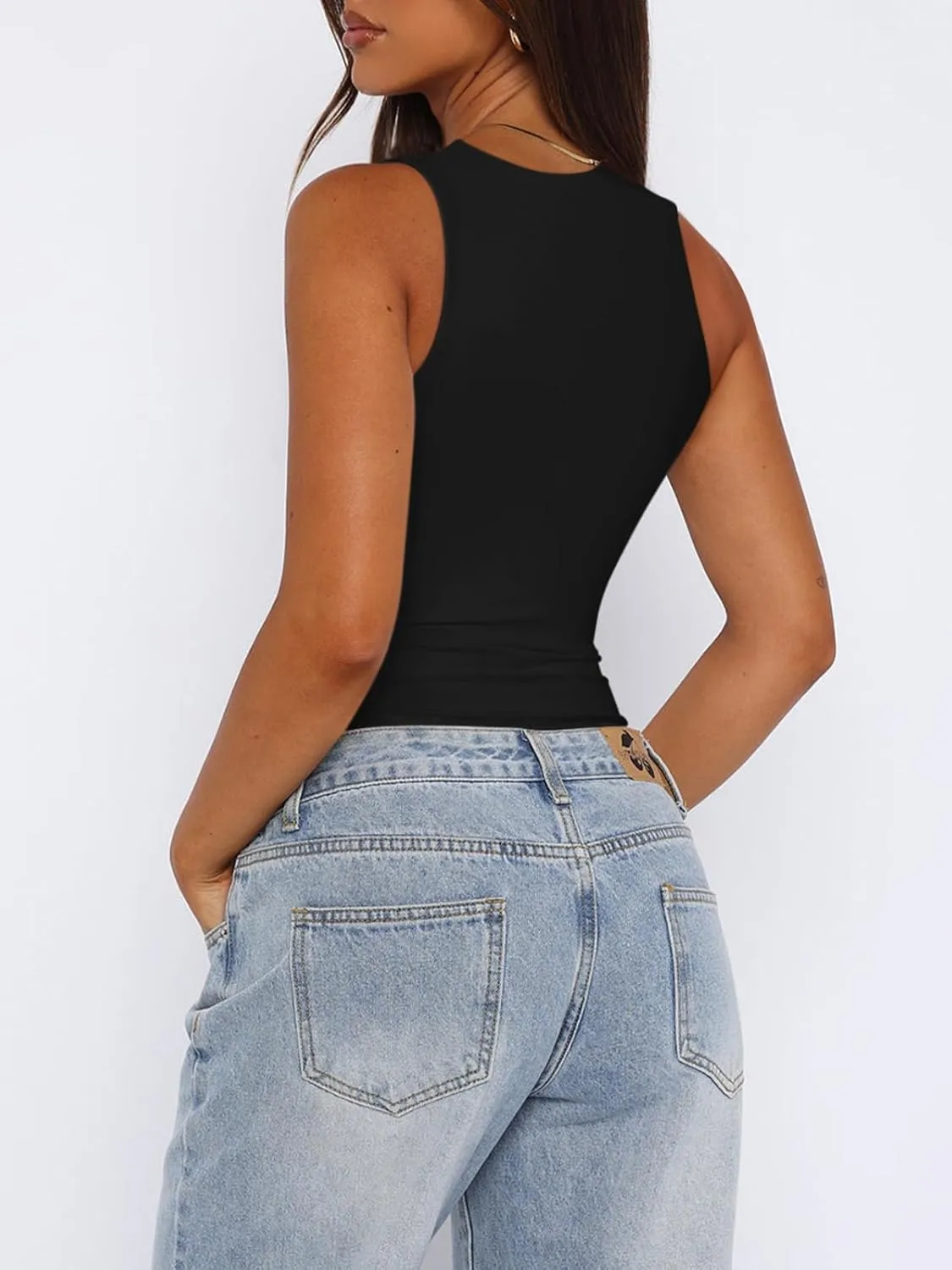 REORIA Butsmooth Womens Sexy Sleeveless Square Neck Double Lined Basic Bodysuit Tank Tops
