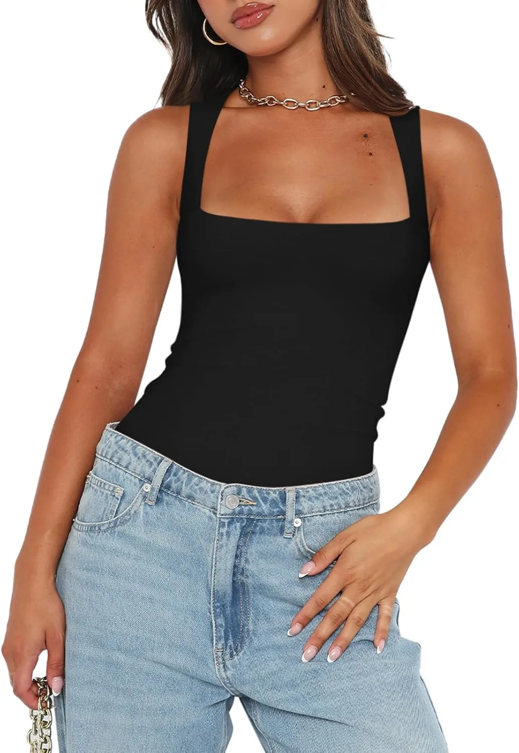 REORIA Butsmooth Womens Sexy Sleeveless Square Neck Double Lined Basic Bodysuit Tank Tops