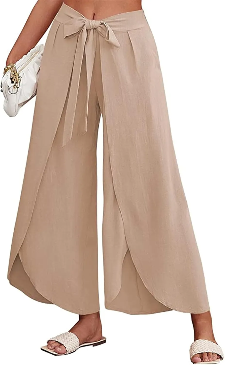 Reyox Women's High Waist Side Split Slit Wide Leg Pants Tie Front Lounge Pants
