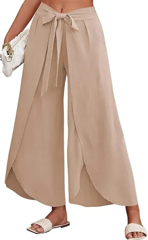 Reyox Women's High Waist Side Split Slit Wide Leg Pants Tie Front Lounge Pants