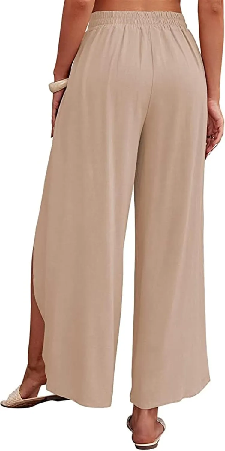 Reyox Women's High Waist Side Split Slit Wide Leg Pants Tie Front Lounge Pants