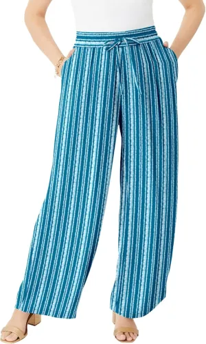 Roaman's Women's Plus Size Crinkle Wide-Leg Pant