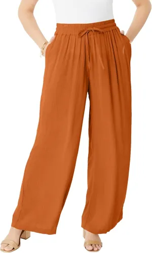 Roaman's Women's Plus Size Crinkle Wide-Leg Pant