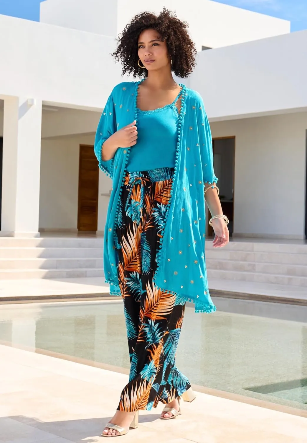 Roaman's Women's Plus Size Crinkle Wide-Leg Pant