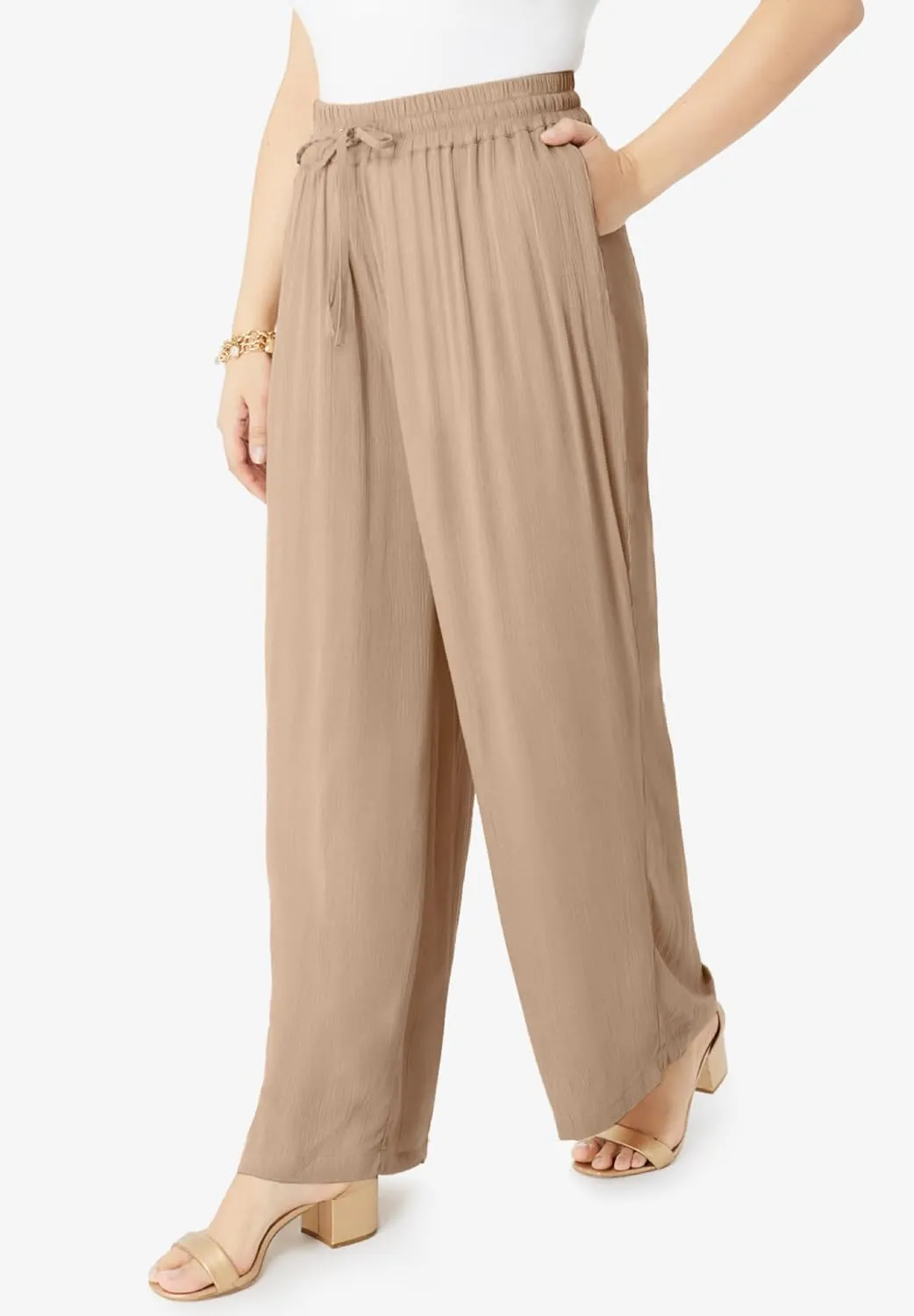 Roaman's Women's Plus Size Crinkle Wide-Leg Pant