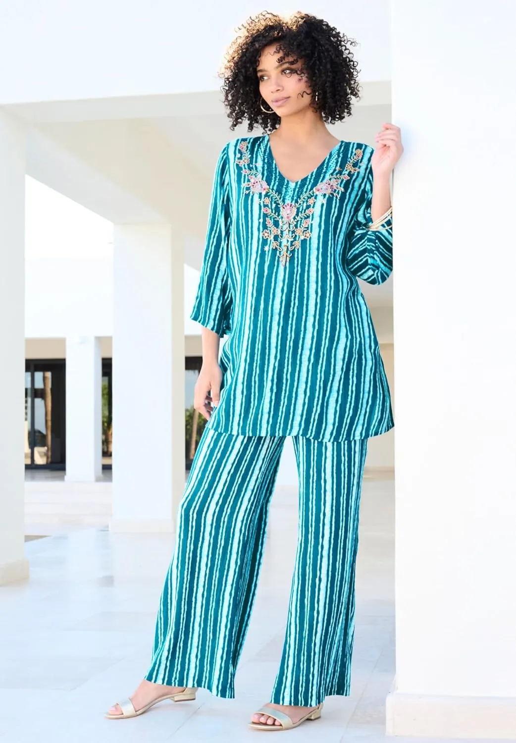 Roaman's Women's Plus Size Crinkle Wide-Leg Pant
