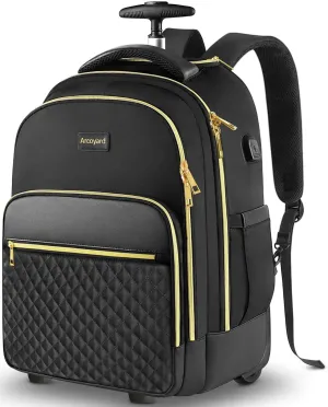 Rolling Backpack Carry On Luggage For Adults With Wheels, 40L Wheeled Backpack For Women, Travel Roller Bag, Black Gold