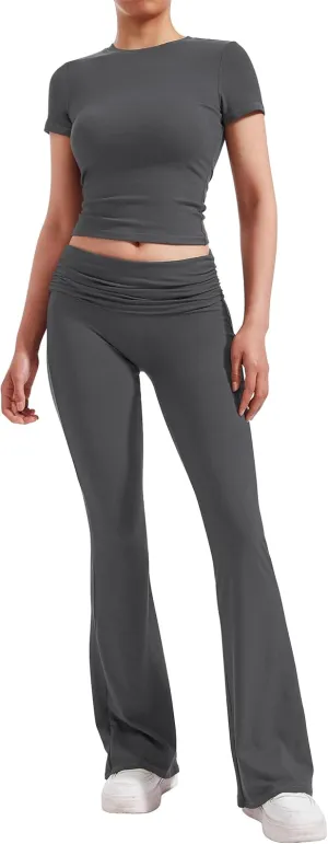 RXRXCOCO Women's 2 Piece Lounge Sets Y2K Crop Tops Fold Over Flare Pants Casual Outfits Matching Sets