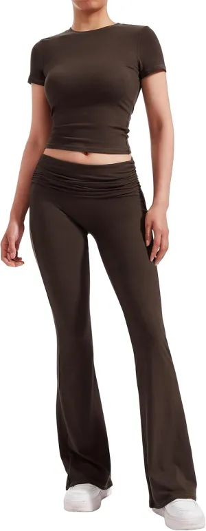RXRXCOCO Women's 2 Piece Lounge Sets Y2K Crop Tops Fold Over Flare Pants Casual Outfits Matching Sets