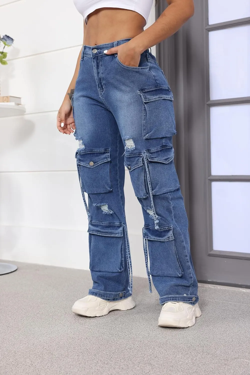 Ryehack Womens Baggy Jeans Y2k Cargo Jeans Casual High Waist Baggy Denim Cargo Pants with Pockets Streetwear