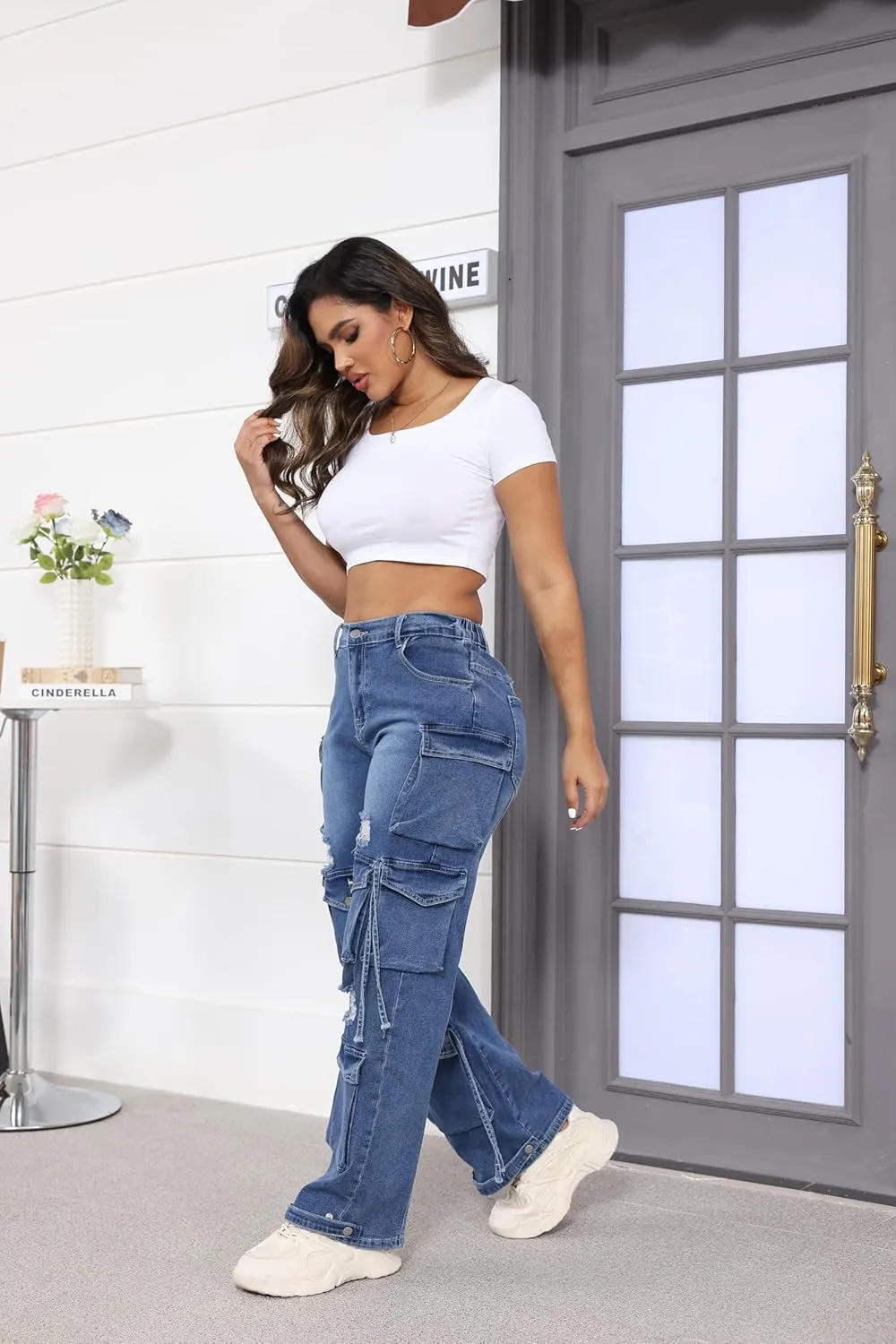 Ryehack Womens Baggy Jeans Y2k Cargo Jeans Casual High Waist Baggy Denim Cargo Pants with Pockets Streetwear
