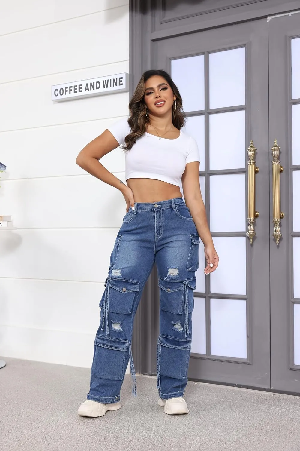 Ryehack Womens Baggy Jeans Y2k Cargo Jeans Casual High Waist Baggy Denim Cargo Pants with Pockets Streetwear