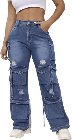 Ryehack Womens Baggy Jeans Y2k Cargo Jeans Casual High Waist Baggy Denim Cargo Pants with Pockets Streetwear