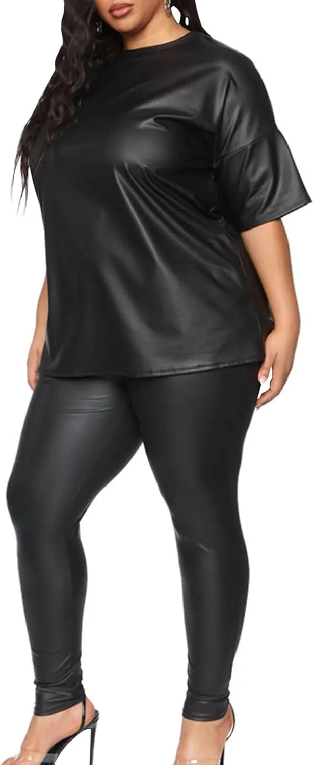 Sexyshine Women's 2 Piece Faux Leather Outfits Short Sleeve Tunic Bodycon Legging Pants Set Chic Club Streetwear Plus Size