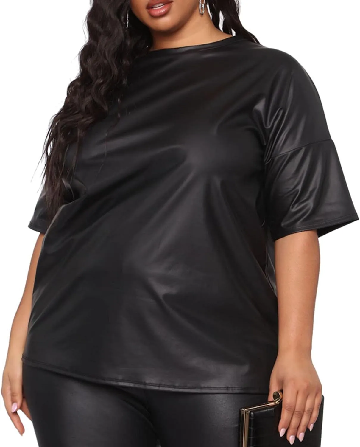 Sexyshine Women's 2 Piece Faux Leather Outfits Short Sleeve Tunic Bodycon Legging Pants Set Chic Club Streetwear Plus Size