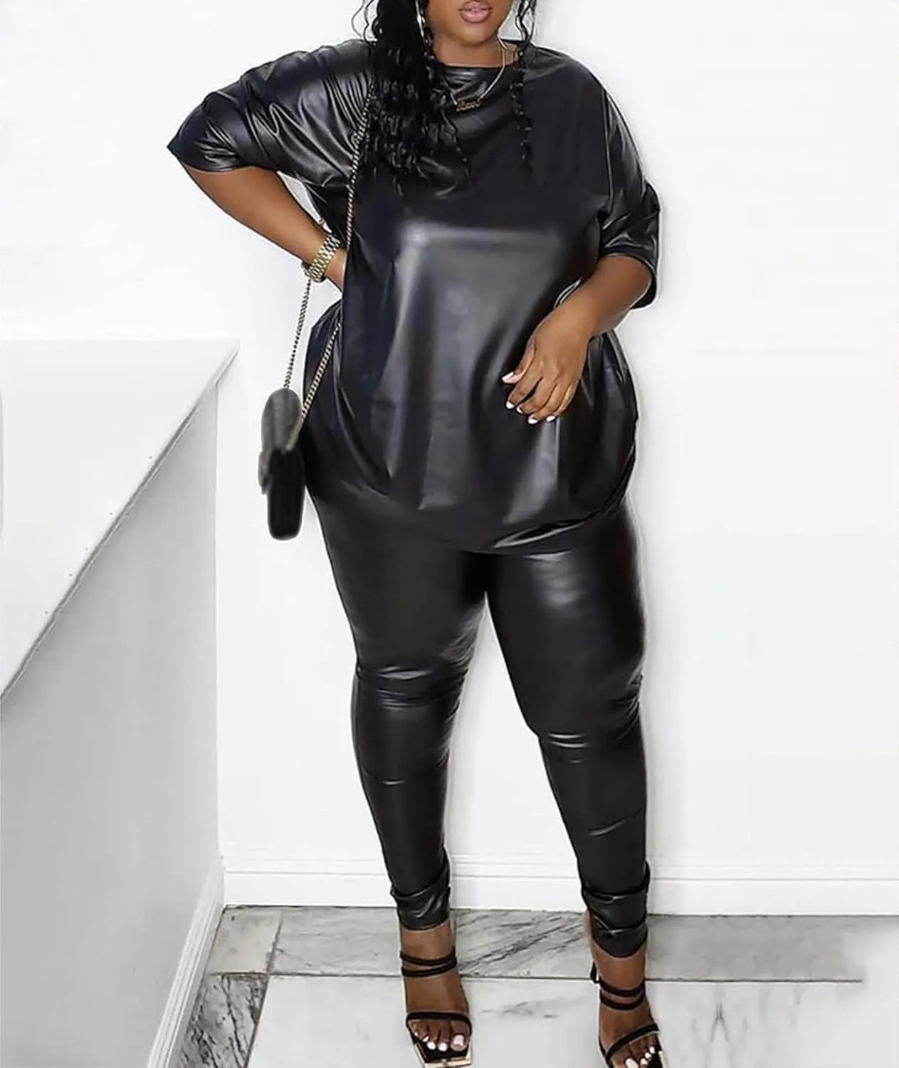 Sexyshine Women's 2 Piece Faux Leather Outfits Short Sleeve Tunic Bodycon Legging Pants Set Chic Club Streetwear Plus Size
