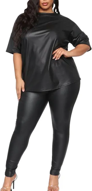 Sexyshine Women's 2 Piece Faux Leather Outfits Short Sleeve Tunic Bodycon Legging Pants Set Chic Club Streetwear Plus Size