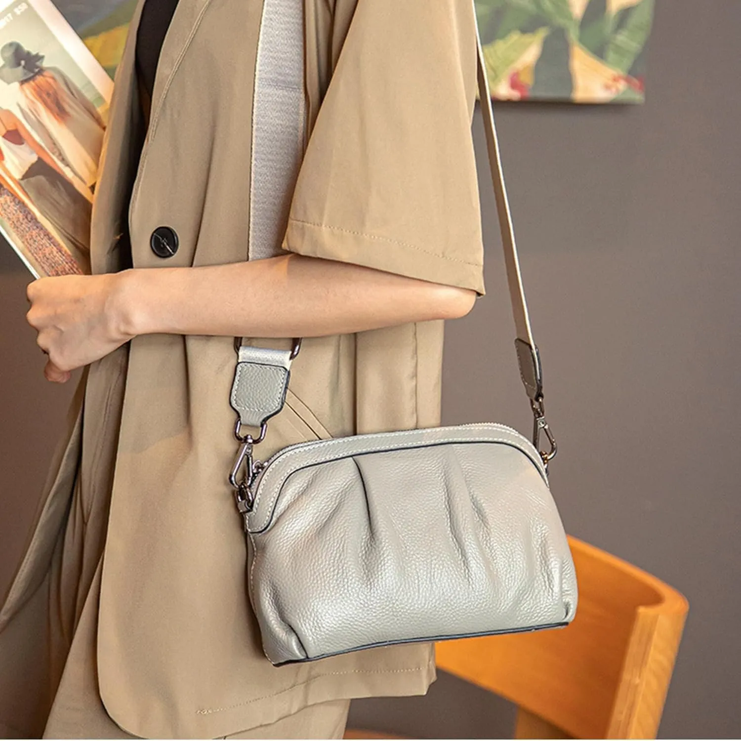 Soft Leather Handbag Purse for Women Hobo Crossbody Pleated Dumpling with 3 Adjustable Straps Shoulder