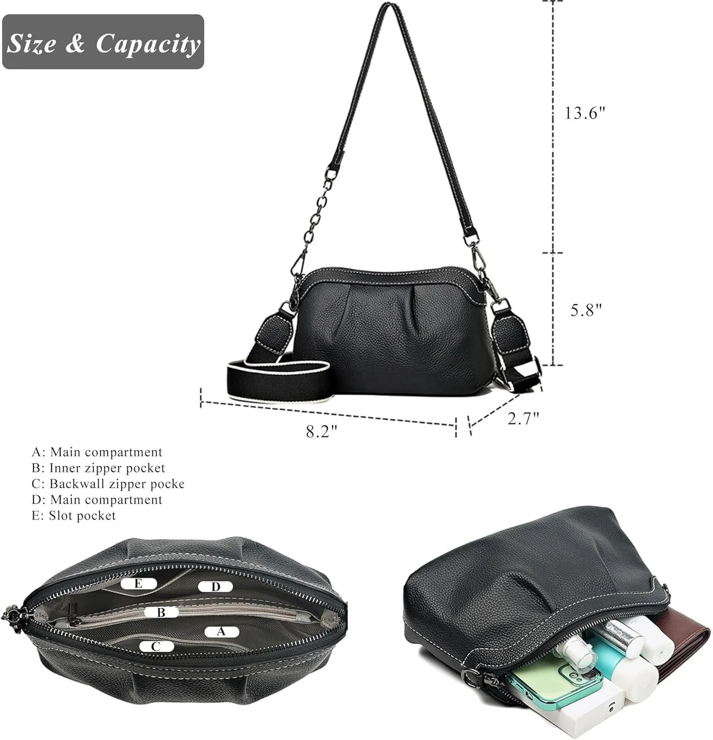Soft Leather Handbag Purse for Women Hobo Crossbody Pleated Dumpling with 3 Adjustable Straps Shoulder