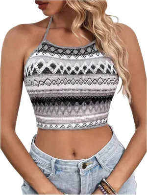 SOLY HUX Women's Boho Chevron Print Cami Crop Tops Halter Tie Backless Summer Top