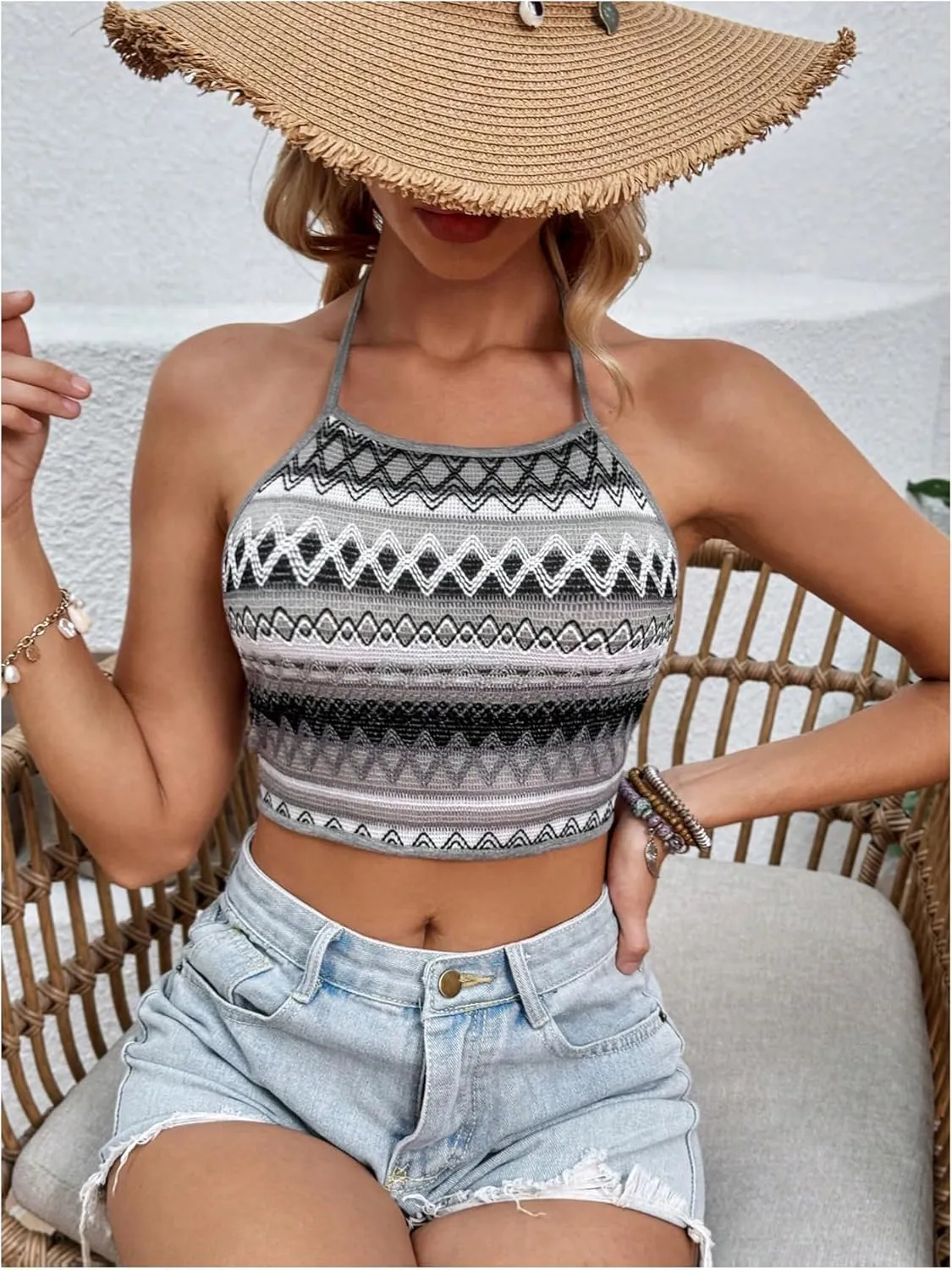 SOLY HUX Women's Boho Chevron Print Cami Crop Tops Halter Tie Backless Summer Top