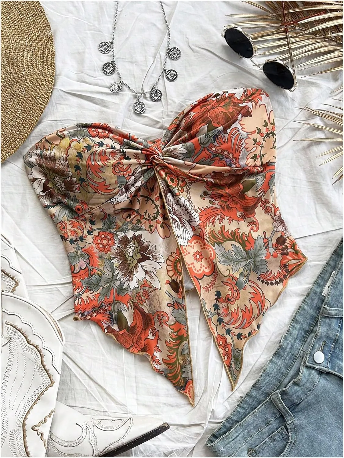 SOLY HUX Women's Floral Print Tube Top Twist Split Strapless Sleeveless Asymmetrical Hem Summer Vacation Crop Tops