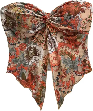 SOLY HUX Women's Floral Print Tube Top Twist Split Strapless Sleeveless Asymmetrical Hem Summer Vacation Crop Tops