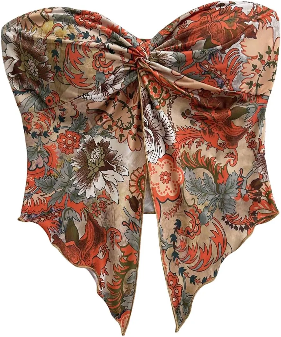 SOLY HUX Women's Floral Print Tube Top Twist Split Strapless Sleeveless Asymmetrical Hem Summer Vacation Crop Tops