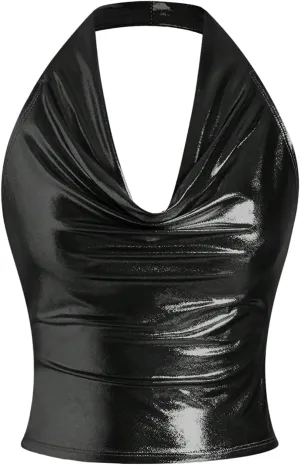 SOLY HUX Women's Halter Crop Tops Y2k Metallic Cowl Neck Open Back Concert Going Out Top Streetwear