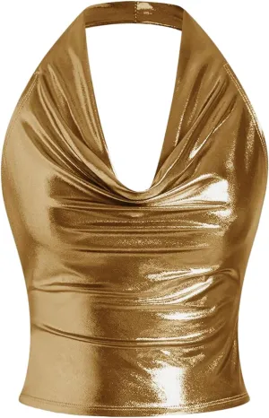 SOLY HUX Women's Halter Crop Tops Y2k Metallic Cowl Neck Open Back Concert Going Out Top Streetwear