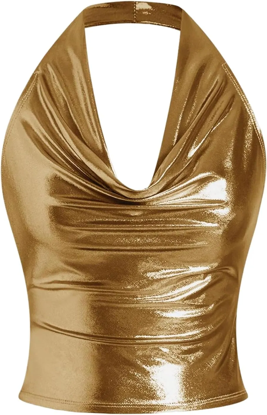 SOLY HUX Women's Halter Crop Tops Y2k Metallic Cowl Neck Open Back Concert Going Out Top Streetwear